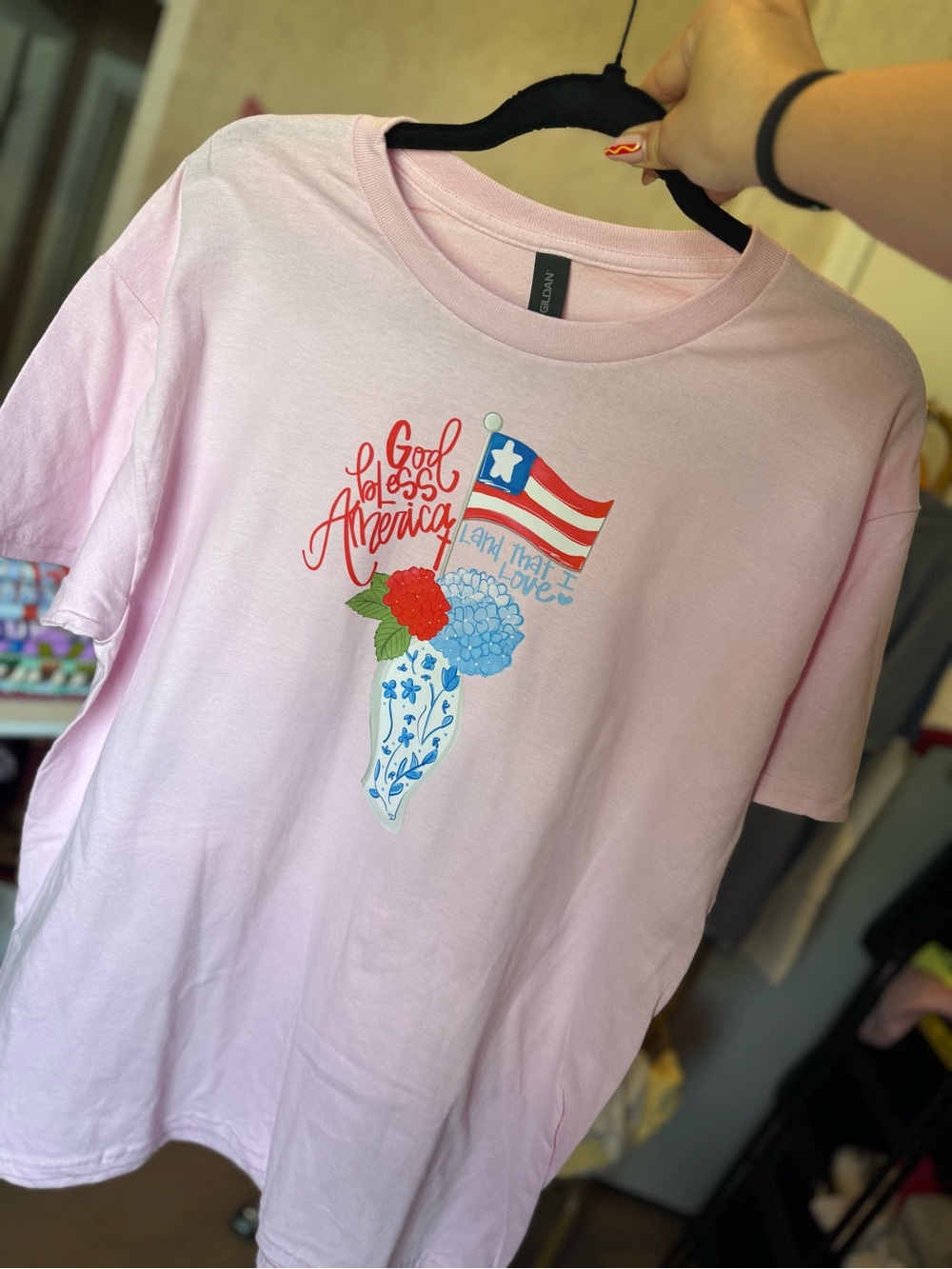 Gildan Pink 'God Bless America' Floral Flag Graphic Tee